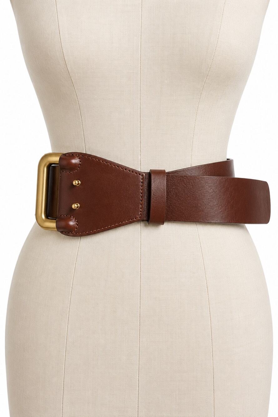 Zara NWOT 100% Leather Wide Brown Statement Belt Gold Buckle Size 90